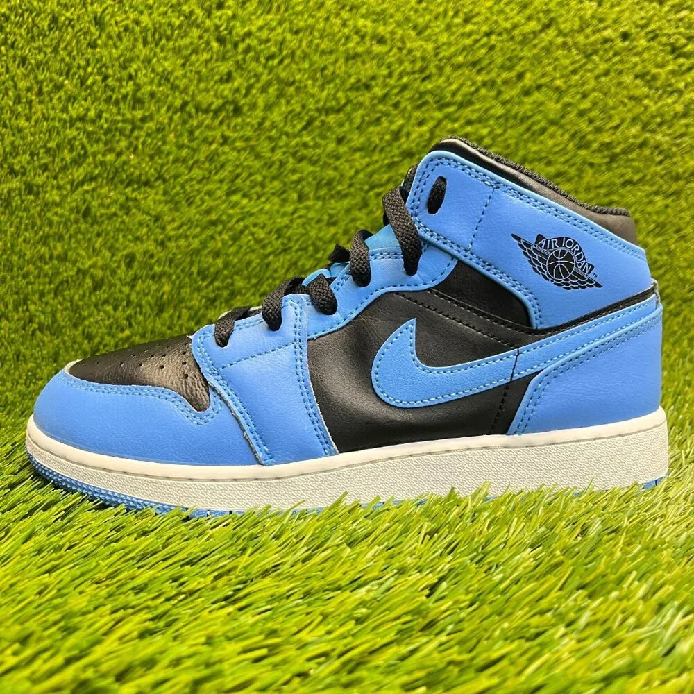 Nike Air Jordan 1‎ Mid Boys Size 6.5Y Blue Black White Basketball Shoes Sneakers